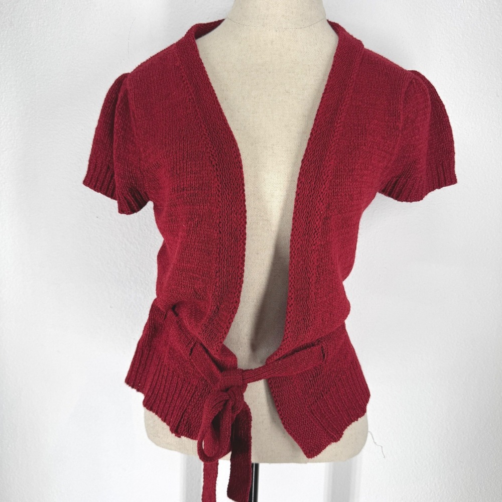 Vintage Womens Red Short‎ Puff Sleeve Tie Waist Knit Cardigan Sweater Size Small